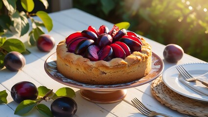 Obraz premium Homemade plum pie. Fruit tart dansom cake 