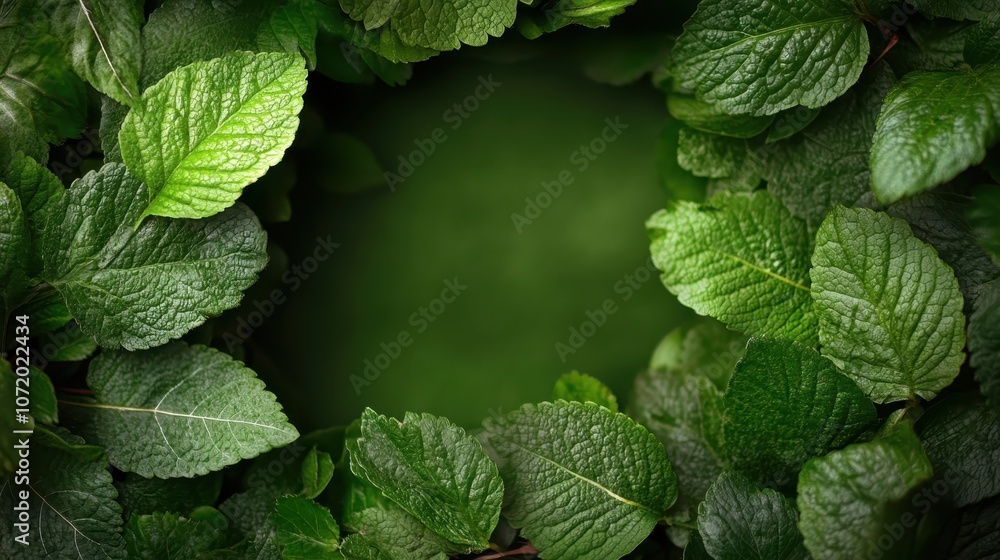 Poster this image shows a dense array of vibrant green leaves forming a natural frame around a central open