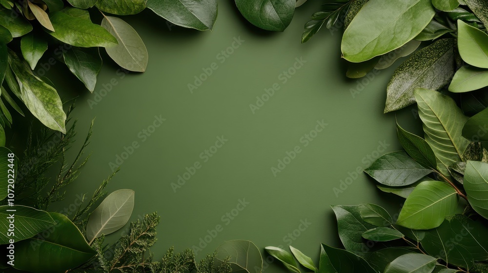 Poster a stunning array of green leaves arranged in a circular shape, creating shadows and textures on a mo