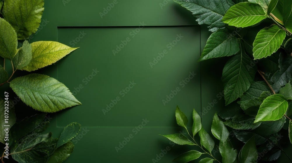 Poster the composition features green leaves arranged in a geometric design on a flat, monotone surface, cr