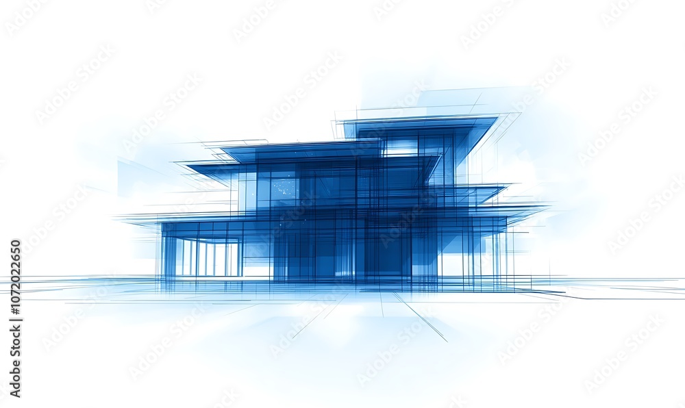 Poster a minimalist architectural design concept depicted in blue hues, showcasing layers and geometric for