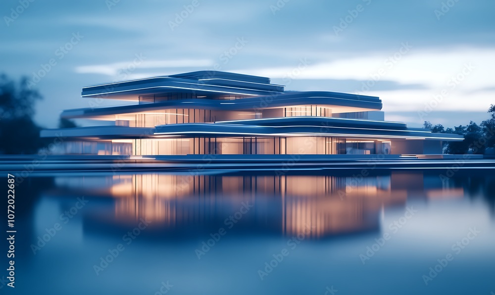Poster a modern, futuristic building reflecting on calm water, illuminated by soft lights, surrounded by a 