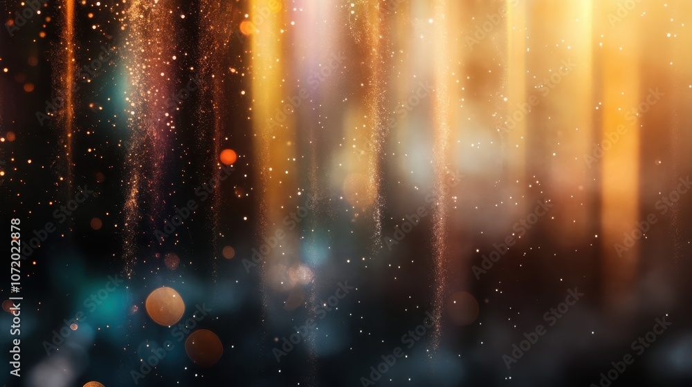 Poster a captivating display of golden light streaks intermingling with circular bokeh elements on a dark b