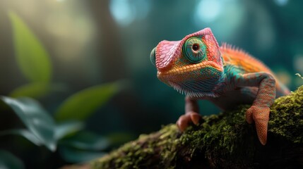 Fototapeta premium A brilliantly bright chameleon rests on a moss-covered branch, blending harmoniously into the lush jungle environment, embodying the vibrant essence of biodiversity.