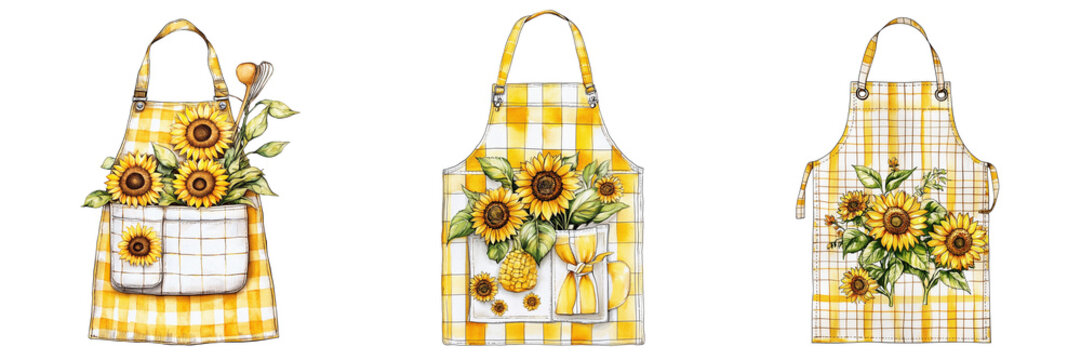 Watercolor drawing of kitchen apron in yellow and white check with sunflowers isolated on transparent background PNG file