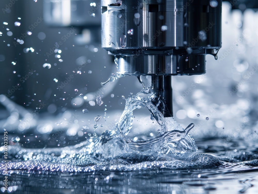 Poster a close-up of a milling machine cutting through water, creating splashes and droplets.