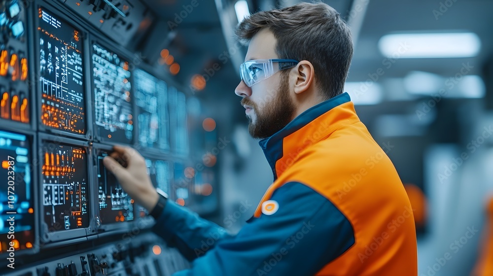 Aufkleber male technician or engineer inspecting and monitoring control panel dashboard and data displays in h