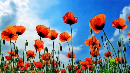 Fototapeta premium Vibrant red poppy field under blue sky and clouds