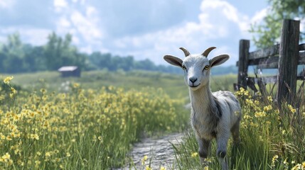 Obraz premium A goat is standing in a field of yellow flowers