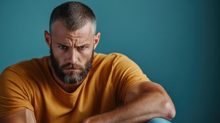 Obraz premium A serious man with a beard gazes intently, wearing an orange shirt against a teal background, conveying a strong and contemplative mood with a modern style.