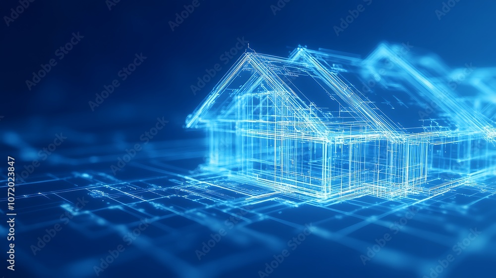 Poster A digital visualization of a house, represented in a blue, wireframe style against a grid background, symbolizing technology and architecture.
