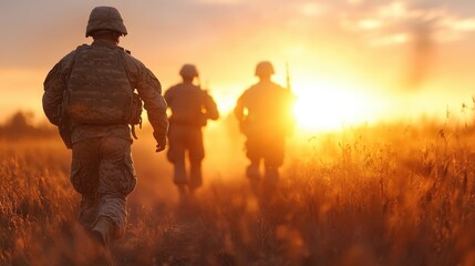 Three soldiers advance through open fields during a vibrant sunset, showcasing determination, unity, and courage against a stunning natural backdrop.