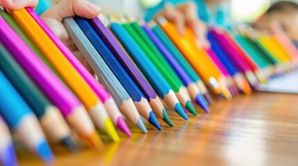Obraz premium Close-up of vibrant colored pencils arranged in a row on a wooden table, with children’s hands selecting colors, creating a lively and creative atmosphere perfect for art and school themes.