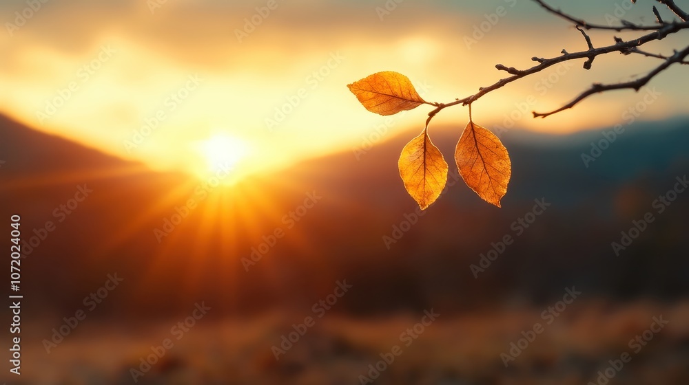 Poster a tranquil sunset bathes a tree branch with golden light, creating a serene and peaceful atmosphere 
