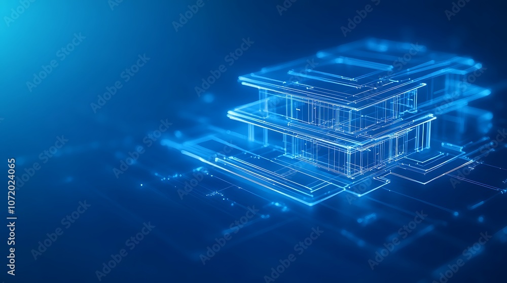 Leinwandbilder A futuristic digital representation of layered data structures, illustrating connectivity through glowing blue lines.
