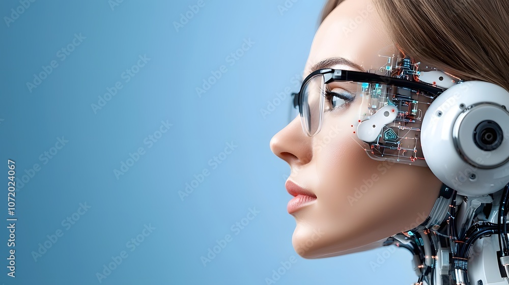 Poster futuristic cyborg woman with advanced digital headset and transparent display interface showcasing c
