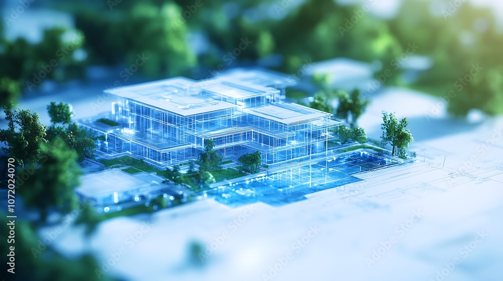 Aufkleber a modern architectural design featuring a futuristic building surrounded by greenery, presented in a