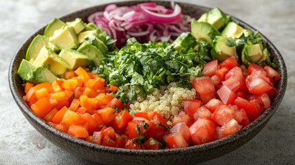 Healthy and Vibrant: Colorful Vegetable Bowl with Avocado, Quinoa, and Fresh Greens on White Background