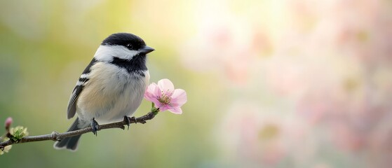 Obraz premium A small bird sitting on a branch with a pink flower