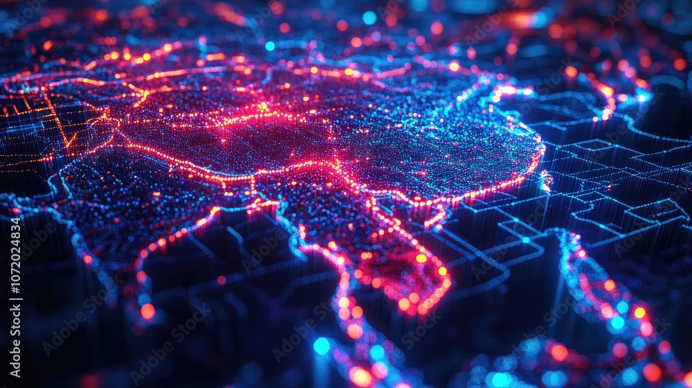 Poster a 3d digital rendering of the map of china, composed of glowing particles and lines, symbolizing the