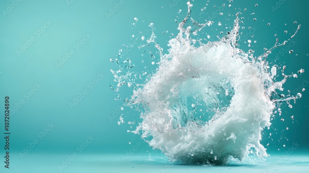 Poster a captivating image of an exploding water ring captured in mid-air against a soft turquoise backgrou