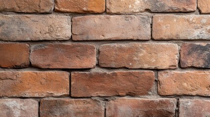 Fototapeta premium A close-up image of a rustic red brick wall showcasing aged texture, varied brick patterns, and earthy tones suggesting a historic and warm atmosphere.