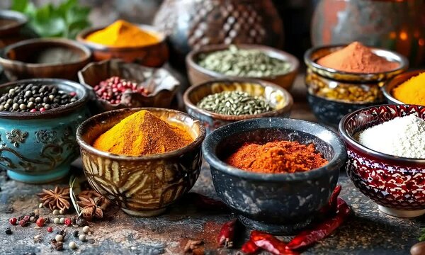 Aromatic Spice Collection: A vibrant tableau of exotic spices in ornate bowls, showcasing their rich colors and textures. A culinary journey for the senses.