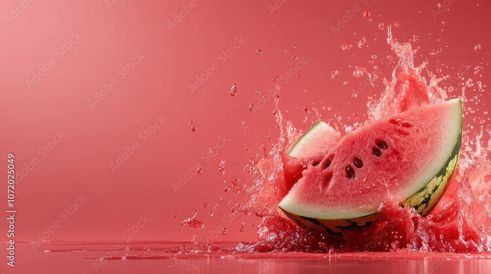 Poster two watermelon slices splash dynamically against a vibrant red background, emphasizing freshness and