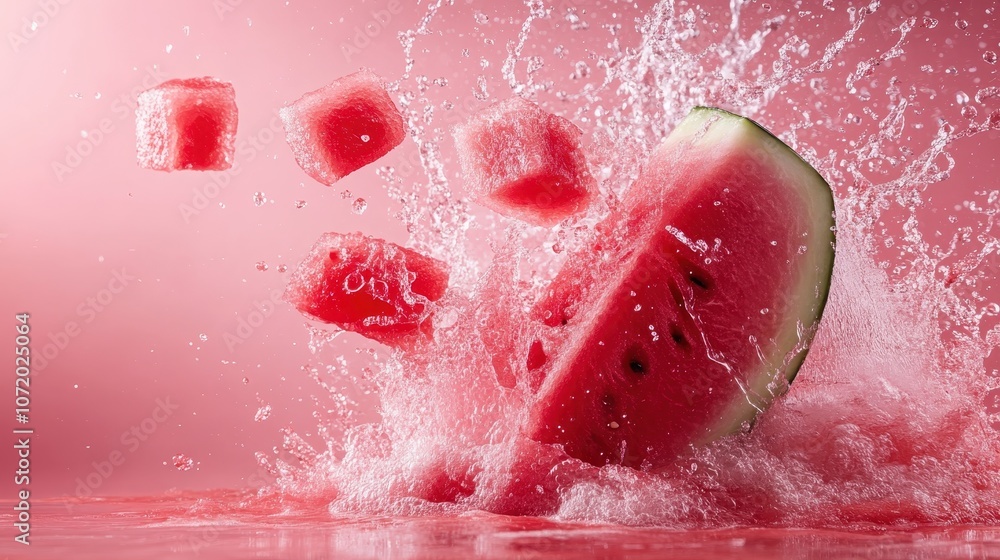 Poster dynamic watermelon slices and cubes splash energetically against a pink background, highlighting vit