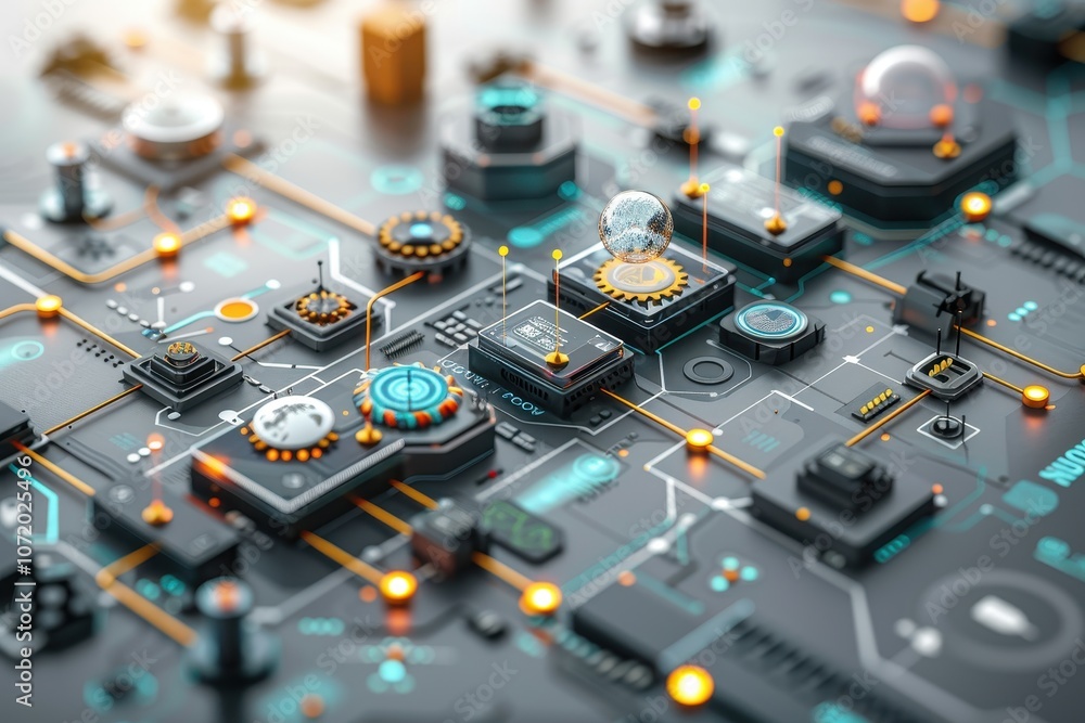 Poster a close-up of a futuristic circuit board with glowing components and connections.