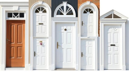 A collection of various white doors displayed against a white backdrop, set, entrance, different