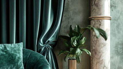 Luxurious velvet curtains and stylish plant enhance elegant interior