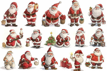 Set of Christmas and winter holidays illustrations with Santa Claus. Stickers, clip arts, symbols and icons perfect for xmas banner, greeting card and winter design. 