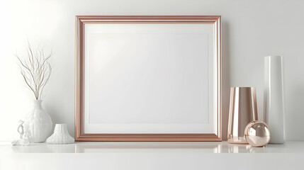 A Rose Gold Picture Frame Adorned With White Vases and Decorative Elements on a White Shelf Against a White Wall