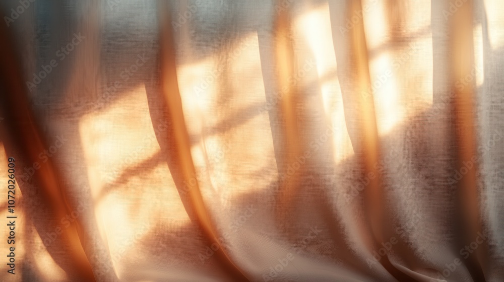 Poster soft sunlight peeks through flowing curtains casting gentle, abstract patterns on a textured beige w