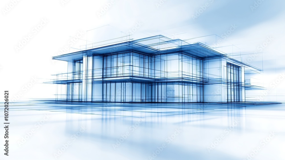 Aufkleber a modern architectural design rendered in blue digital lines, showcasing a conceptual building with 