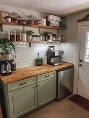 Fototapeta premium Cozy home coffee bar with organized storage and plants