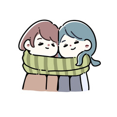 2人で同じマフラーを巻いている女性のイラスト