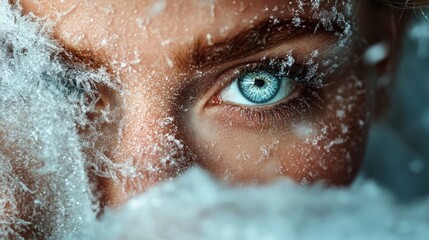The icy blue eye reveals a sense of tranquility and introspection amidst a serene winter setting, with snowflakes creating an ethereal visual spectacle.