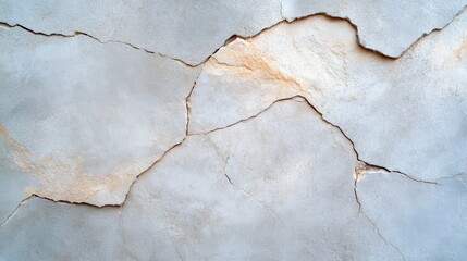Obraz premium A light-colored wall with prominent cracks revealing natural textures beneath, offering an abstract representation of endurance and the passage of time.