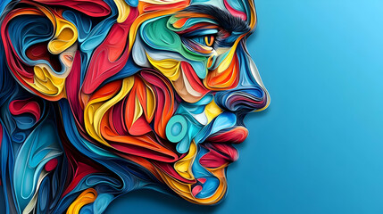 Abstract Portrait Created with Colorful Paper Layers Against a Blue Background