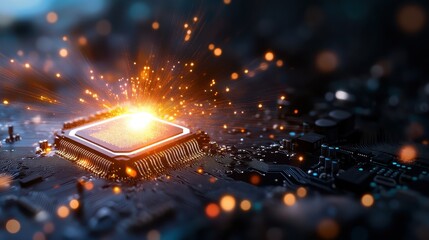 A brilliantly lit CPU on a circuit board emanates radiant sparks, symbolizing the energy and power of modern technology in a captivating composition.