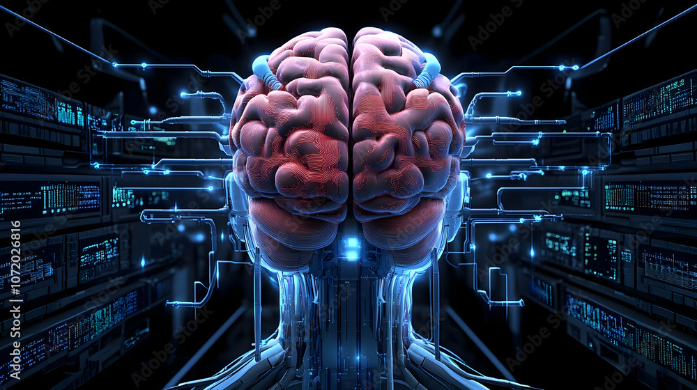 Poster 3d render of a human brain connected to a network of circuits
