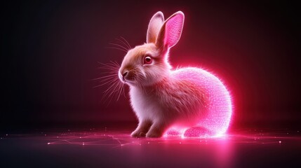 A digitally created image of a rabbit surrounded by a vibrant pink neon glow, standing out against a dark background, merging elements of nature and technology artfully.