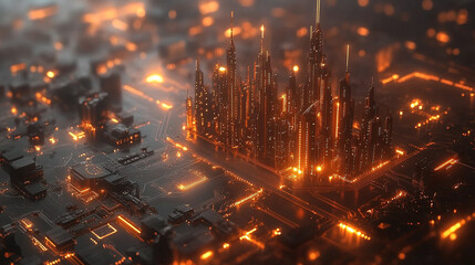 futuristic city skyline glowing with neon lights, set against a circuit board, symbolizing the integration of technology, software, and digital innovation in the modern world
