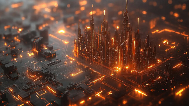 futuristic city skyline glowing with neon lights, set against a circuit board, symbolizing the integration of technology, software, and digital innovation in the modern world