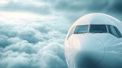 Large commercial airliner flying through stormy sky with dark clouds in a scenic panoramic view  The aircraft is gliding at high altitude