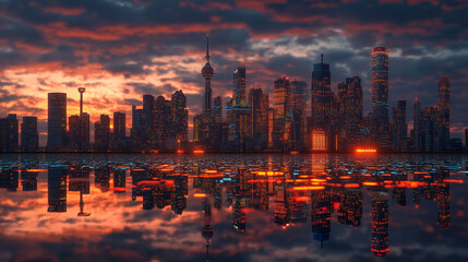 futuristic city skyline glowing with neon lights, set against a circuit board, symbolizing the integration of technology, software, and digital innovation in the modern world