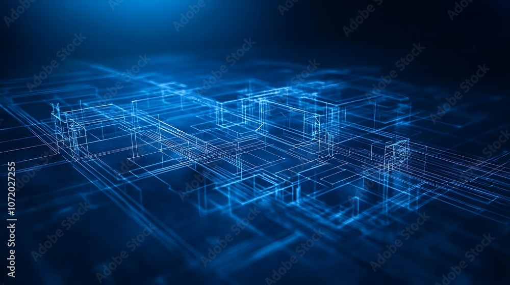 Poster a digital abstract landscape with glowing blue lines and dots, resembling a network or data visualiz