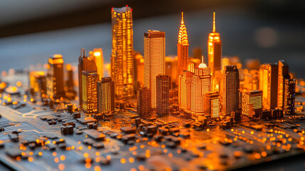 futuristic city skyline glowing with neon lights, set against a circuit board, symbolizing the integration of technology, software, and digital innovation in the modern world